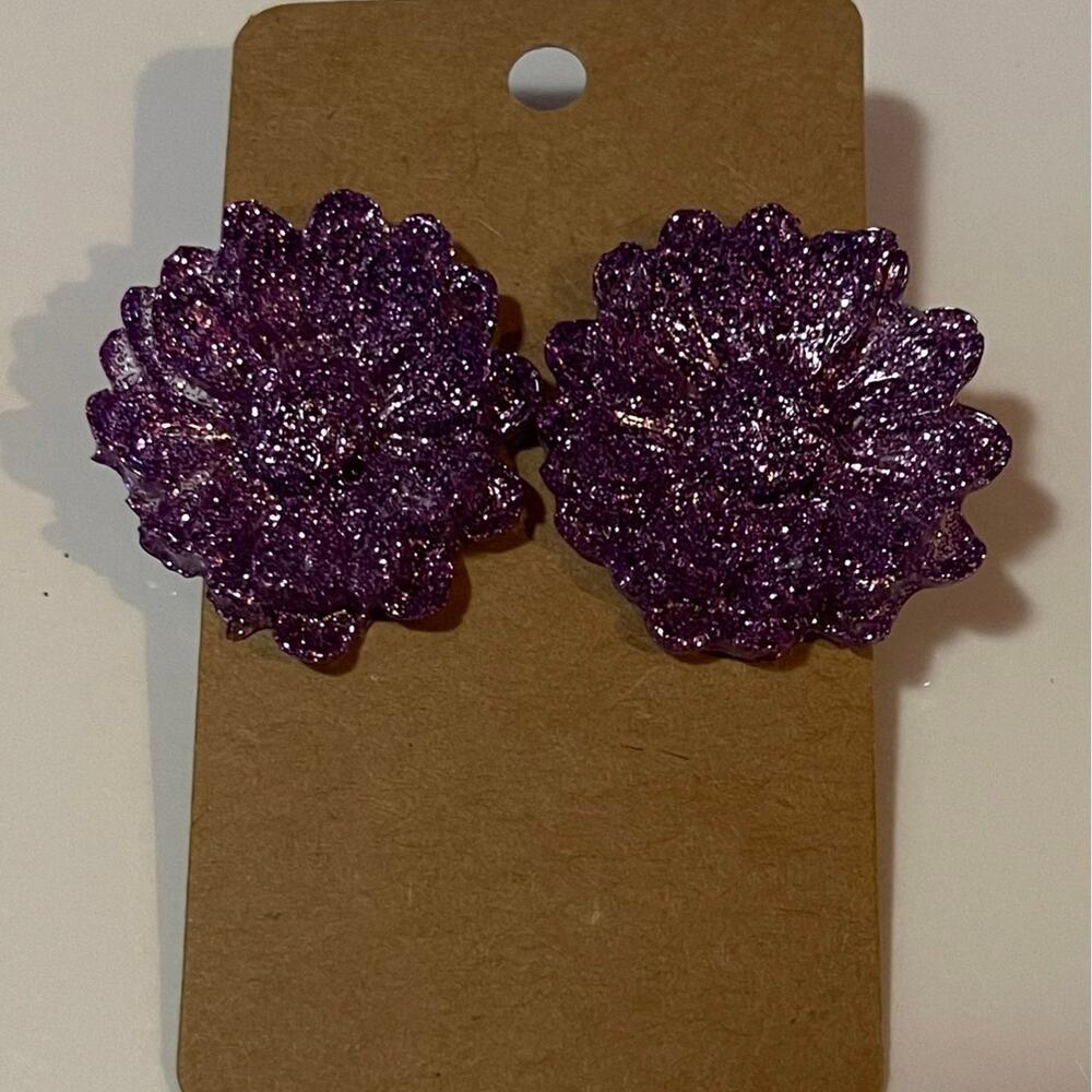 Handmade epoxy resin large flower‎ earrings - dark lavender glitter